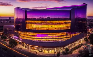 Modern glass building with purple and orange lights at sunset.