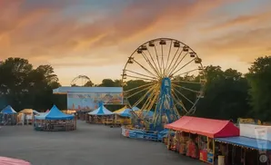 Amusement park with Ferris wheel, rides, and tents under a warm sunset sky.