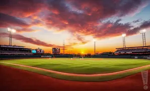 A baseball field at sunset, with dramatic orange and pink clouds in the sky.