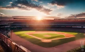 A baseball stadium at sunset, with the sun low on the horizon casting a warm glow over the field.
