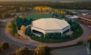 Aerial view of an octagonal arena surrounded by trees and a curved road during autumn.