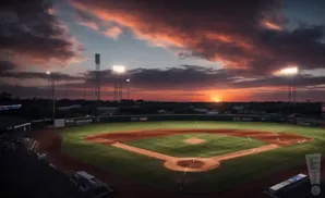 Baseball field at sunset with dramatic orange clouds and bright stadium lights.