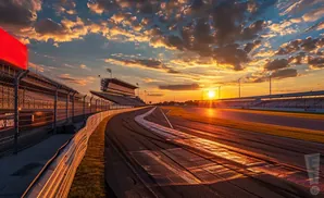 Sunset over a race track, with grandstands and dramatic clouds.