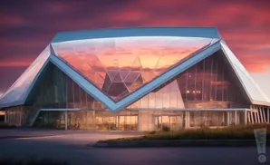 Modern glass building with geometric angles reflecting a colorful sunset sky.