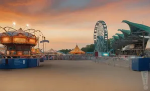 A carnival at sunset with a carousel and Ferris wheel.