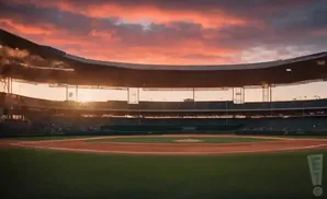 A baseball stadium at sunset, with a vibrant orange and pink sky and the sun peeking through the stadium lights.