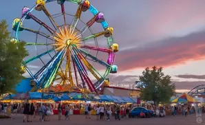 A colorful Ferris wheel lights up a carnival scene at dusk with a pink and purple sky.