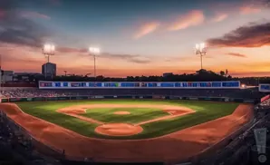 A baseball field at sunset with stadium lights on and a vibrant, cloudy sky.