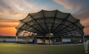Outdoor amphitheater with a unique canopy at sunset.