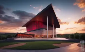 A modern building with a sharp, angular roof and glass walls, illuminated by a sunset.