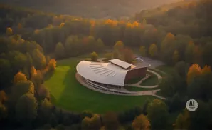 An aerial view of a modern building with a curved roof surrounded by autumn trees.