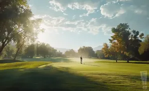 Golfer tees off on a sun-drenched golf course with rolling green hills and a hazy mountain backdrop.
