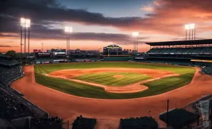 Baseball stadium at sunset with bright lights illuminating the field.