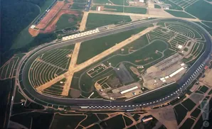 Aerial view of a race track and airport.