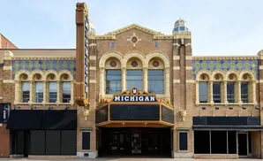 The Michigan Theater has a classic marquee and ornate details.