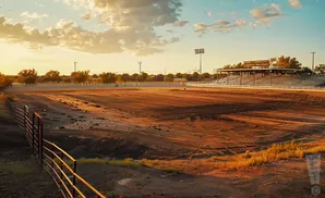 Dirt arena with bleachers and lights at sunset.