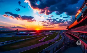 Sunset over a race track with grandstands and dramatic clouds.