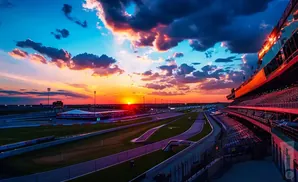 Sunset over a race track with stadium seating.