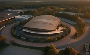 Aerial view of a modern, circular building with a large, sloping brown roof, surrounded by trees and parking lots.
