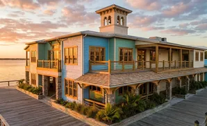 A colorful coastal building with balconies and a bell tower at sunset.