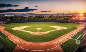 A baseball stadium at sunset with players on the field.