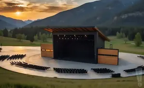 An outdoor amphitheater stage with seating in front of a mountain landscape at sunset.