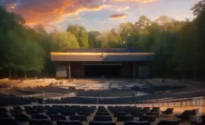 Outdoor amphitheater with tiered seating facing a stage, surrounded by trees under a sunset sky.
