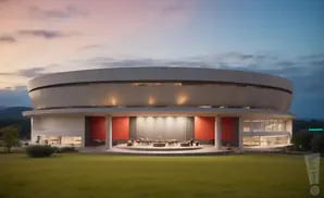 A modern, circular building with a wide green lawn in front under a twilight sky.