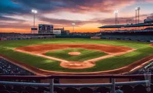 A baseball field at sunset with a vibrant sky and stadium lights.