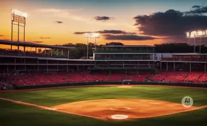 A baseball stadium at sunset with bright lights and red seats.