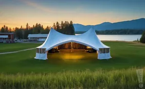 A white tent is lit up on a grassy field at sunset, with a lake and mountains in the background.