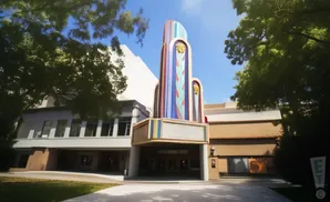 Art Deco theater with colorful marquee, flanked by trees and a white, angled facade.