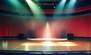 An empty theater stage with red curtains, a round platform, and stage lighting.