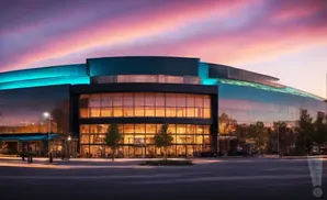 A modern building with glass windows and turquoise lights at sunset.