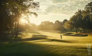 Golfer swings club on a sun-drenched course, with trees and rolling hills in the background.