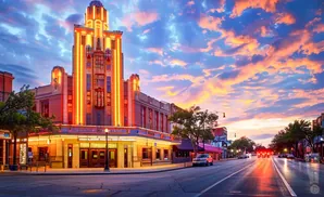 Art Deco theater lit up with neon lights at sunset, with a colorful sky and street in the foreground.