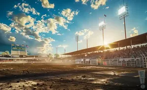 Rodeo arena with stadium seating and sunlit sky.