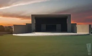An outdoor amphitheater at sunset with a stage and seating area.