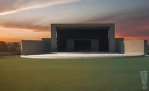 An empty outdoor amphitheater stage at sunset, with a lawn in the foreground.