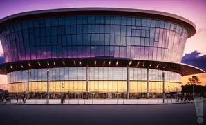 Modern glass arena at sunset with purple and orange sky.