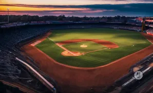 Baseball stadium at sunset, field lit up with warm light, scoreboard in background.