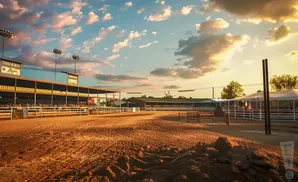 Rodeo arena at sunset with grandstands and tents under a cloudy sky.