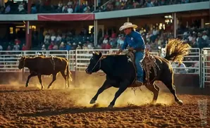 Cowboy on a bucking horse with a cow running in the background at a rodeo.
