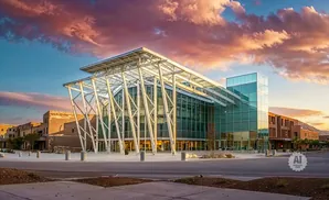 Modern glass building with a white truss roof against a colorful sunset sky.