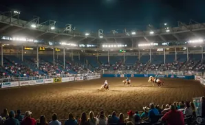 Rodeo arena at night with riders and horses, surrounded by spectators in stadium seating.