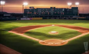 A baseball field during sunset, with stadium lights on and a scoreboard in the background.