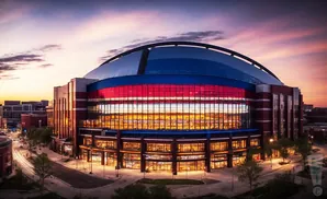 A large domed stadium lit up at sunset with red, white, and blue accents.