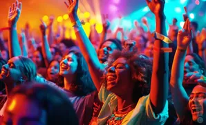 People with arms raised in the air at a vibrant concert with colorful lights.