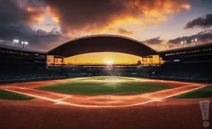 Baseball stadium at sunset with dramatic clouds and stadium lights.