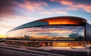A modern, glass-fronted building with a curved orange roof reflects a colorful sunset sky.